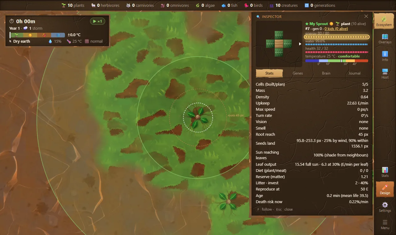 A plant in the world, with the inspector open